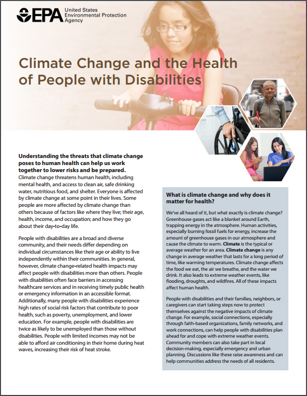 Image of the first page of the 'Climate Change, Health, and People with Disabilities' fact sheet.
