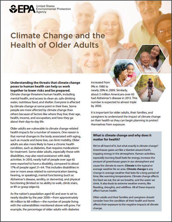 Image of the first page of the 'Climate Change, Health, and Older Adults' fact sheet.