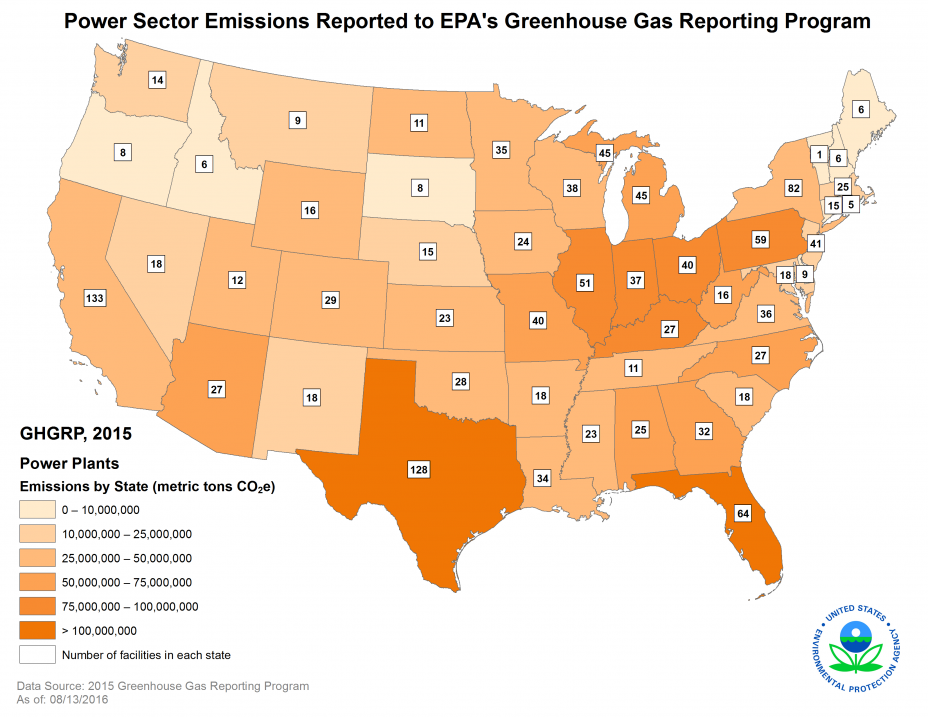 Map depicting 2015 power plant emissions reported to the GHGRP by state.