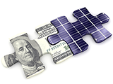 A photo of puzzle pieces made out of money and solar panels.