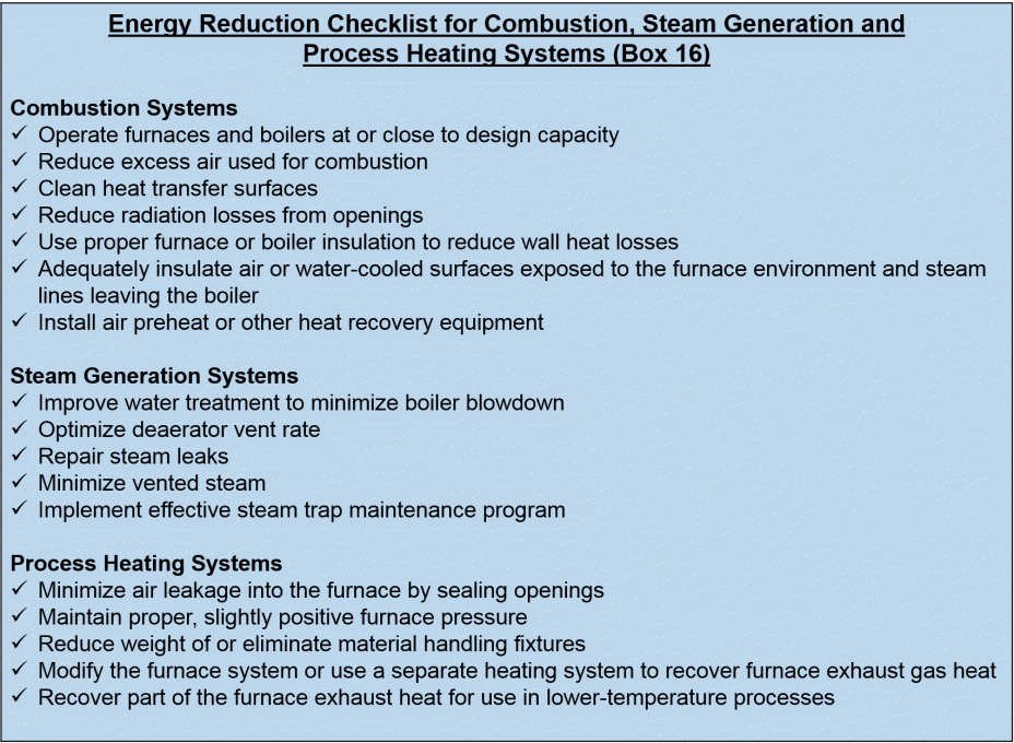 Energy Reduction Checklist for Combustion, Steam Generation and Process Heating Systems (Box 16)