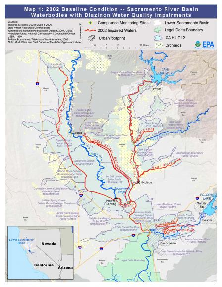 Map 1: Baseline Condition Sacramento River Basin – Waterbodies with Diazinon Water Quality Impairments (click image for larger version)