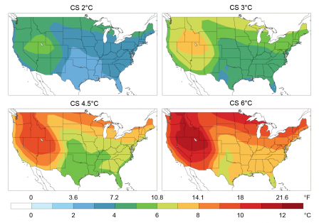 Set of four maps of the U.S showing future temperature change under the Reference scenario using climate sensitivities of 2°C, 3°C, 4.5°C, and 6°C.