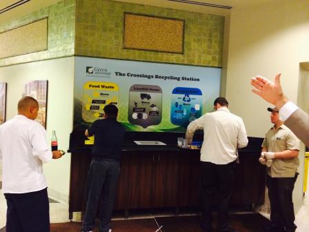 "The Crossings Recycling station" at Aria's back of the house cafeteria. Employees are offered free, healthy meals. Aria serves 5500 meals a day. 