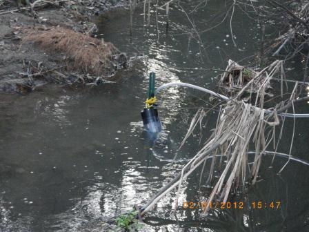 Close-up of EPA's water quality sampler probe in Permanente Creek | Click to enlarge