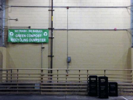 Green compost dock with large green banner "No Trash - No Basura": Green Compost Recycling Dumpster