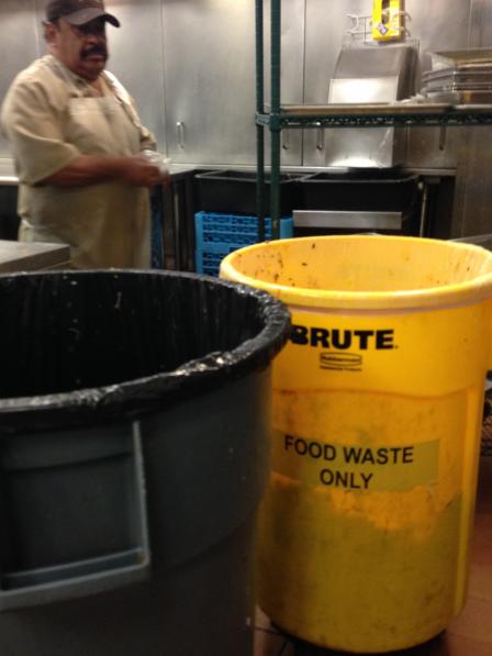 Image of kitchen dishwashing area with employee and food waste only bins