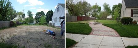 Two photographs of the same yard and house, displaying improvements in the more recent photo.