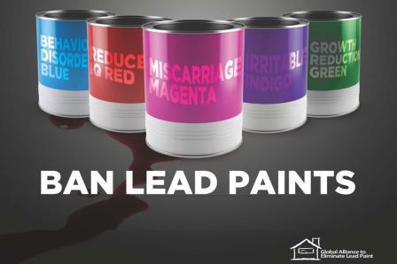 Paint cans with messages that show lead paint can cause lowered IQ, cancer, and other harm