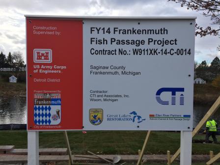 Construction sign about the Frankenmuth Fish Passage Project