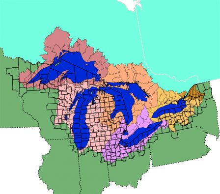 Map of the Great Lakes basin showing US counties