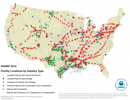Map showing Facility locations for industry types: onshore natural gas processing, onshore natural gas transmission compression, underground natural gas storage, liquefied natural gas storage, LNG import and export equipment