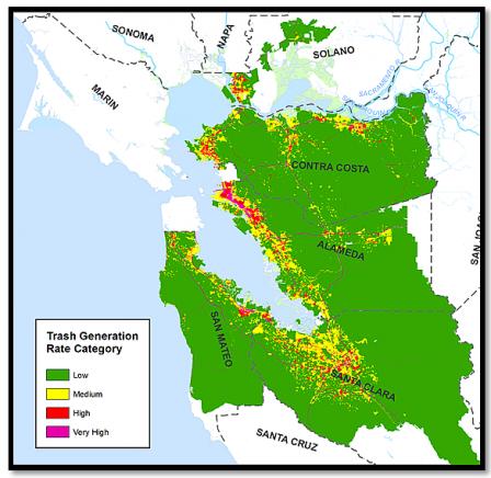 A map of the bay area with different colors indicating different rates of trash generation 