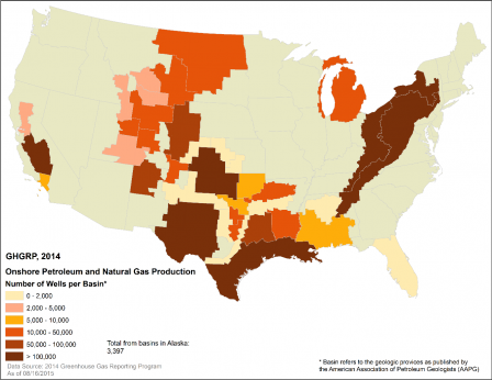 Map showing Reported emissions (CO2e) by natural gas utility service territory for natural gas distribution facilities