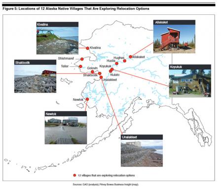 Map of Locations of 12 Native Villages considering relocation. Villages include Kivalina, Shishmaref, Teller, Golovin, Shaktoolik, Newtok, Unalakleet, Nulato, Koyukuk, Huslia, Hughes, and Allakaket.