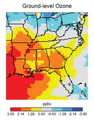 Projected average ground level ozone concentration in 2050 compared to 2001 in a scenario of gradually reduced GHG emissions. Northern FL, SC, eastern TN, central NC: increase of .43-1.29 ppbv. GA, AL, MS, AR, western TN: increase of 1.29-2.14 ppbv.