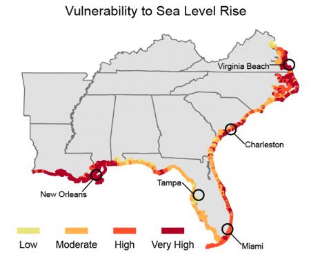 Map shows all southeastern coastal areas have moderate vulnerability to sea level rise. Mississippi, Louisiana, Charleston, Outer Banks, and Virginia Beach area show very high vulnerability. Eastern and southern coasts of Florida show high vulnerability.