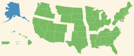 A map showing the regions of the United States, with the Alaska region highlighted.