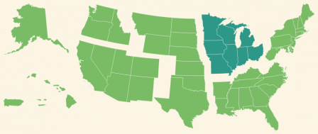 A map showing the regions of the United States, with the midwest region highlighted.