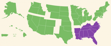 A map showing the regions of the United States, with the southeast region highlighted.