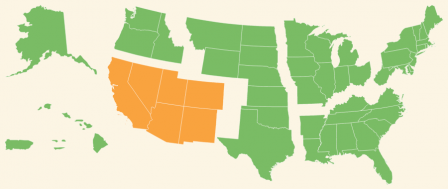 A map showing the regions of the United States, with the southwest region highlighted.