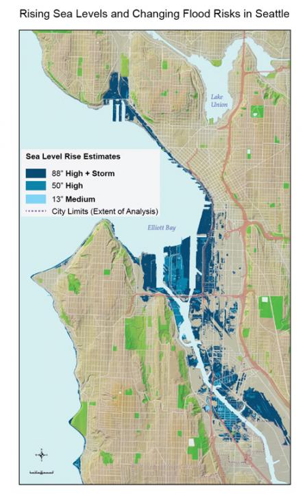 Map of Seattle showing areas projected to fall below sea level during high tide by end of the century. The high (50 inches) and medium (13 inches) estimates are within current projections. The highest level (88 inches) includes the effect of storm surge.