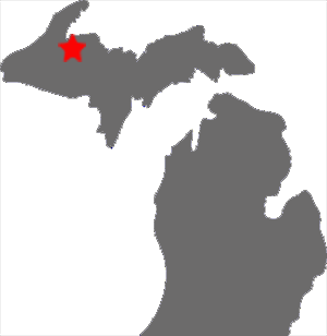 map of Michigan with a star to show where L'Anse is