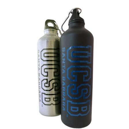 Two reusable water bottles with UCSB on the side