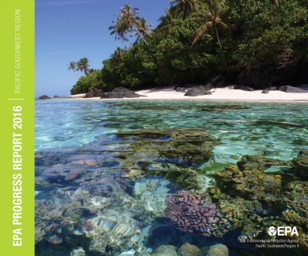 Cover of the 2016 Annual Report | Coral reef in the foreground with light blue water with beach and palm trees beyond.
