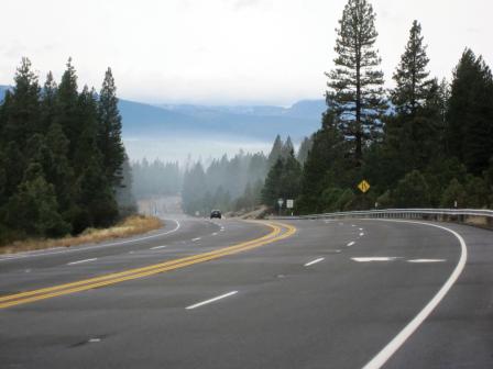 curva autopista dejó con bosques a ambos lados y la neblina blanca a nivel del suelo en el valle.