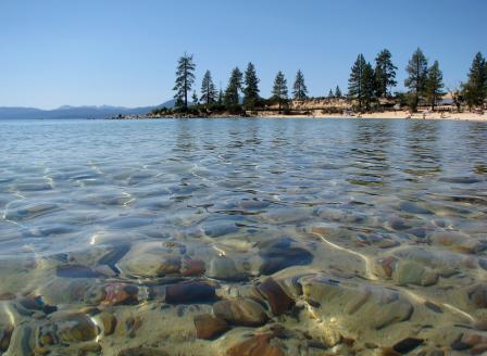 Clear water on Lake Tahoe shore viewed from Nevada