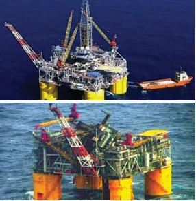 Two photographs of an oil platform. One appears to be functioning properly and the second shows a damaged platform.
