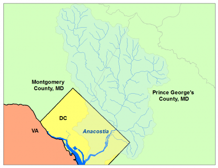 Map of Anacostia River Watershed, which covers the parts of Montgomery County and Prince George's County Maryland and District of Columbia.