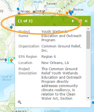 Screenshot of the funding for communities map with the 1 of 3 notification highlighted