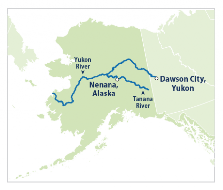 Map showing the locations of Nenana, Alaska, and Dawson City, Yukon.