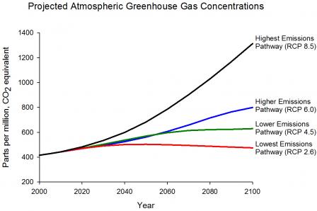 Graph displaying projected GHG concentrations for four different emissions scenarios: highest (RCP 8.5), higher (RCP 6.0), lower (RCP 4.5), and lowest (RCP 2.6). By 2100, their CO2 equivalents in ppm approximate 1350, 850, 650, and 450, respectively.