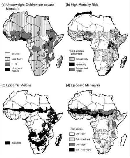 Four maps of Africa that show underweight children per square mile, high mortality risk, epidemic malaria, and epidemic meningitis. For all four categories, the risk zones tend to be concentrated across the middle and down the eastern coast of the continent.