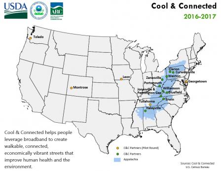 Map of Cool and Connected communities selected in 2016