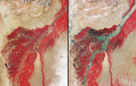 Side by side satellite images of the Indus River. Only a sliver of the river is visible in the wide red region for the image on the left. On the right, the river is much wider and the red region around the river is much darker, showing water spread throughout the land surrounding the river.
