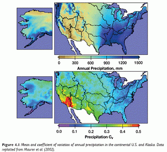 Mean and coefficient of variation of annual precipitation in the continental U.S. and Alaska