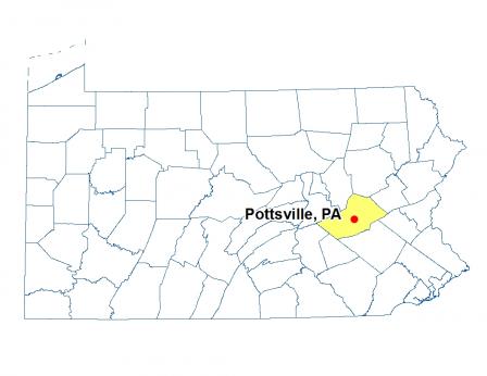 A map of Pennsylvania highlighting the location of Pottsville