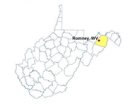 A map of West Virginia highlighting the location of Romney
