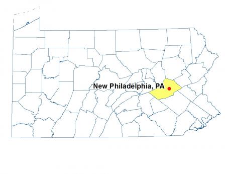 A map of Pennsylvania highlighting the location of New Philadelphia
