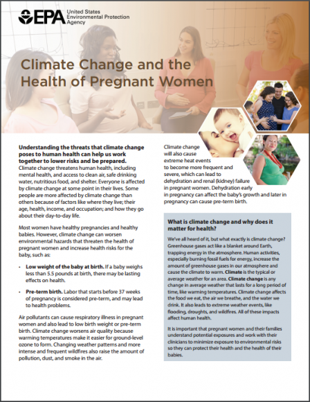 Image of the first page of the 'Climate Change, Health, and Pregnant Women' fact sheet.