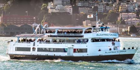 Alcatraz Ferry Boat with solar panels and wind generators
