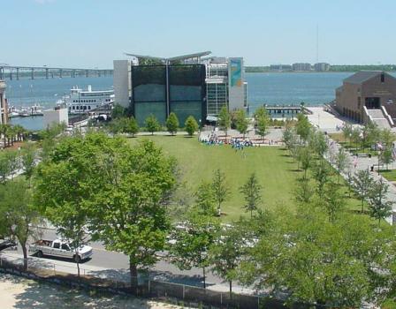 The South Carolina Aquarium is situated behind the site's public greenspace