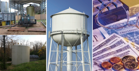 small drinking water systems. Small drinking water clearwell (bottom left), uranium treatment (top left), drinking water tower (middle), image of money, eyeglasses, and computer keyboard (right)