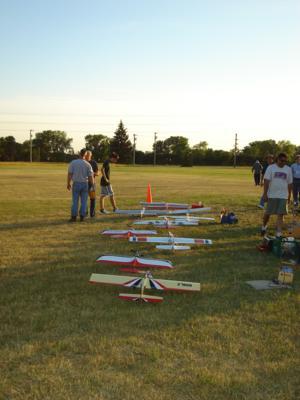Model airplanes laid on the grass at the FMC Corp. site