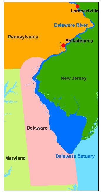 Map highlighting the location of the Delaware Estuary and Philadelphia, PA and Lambertville, NJ. 
