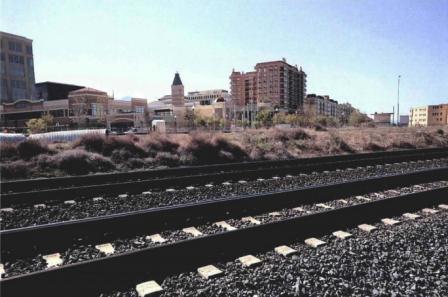 Railroad tracks and mixed use development